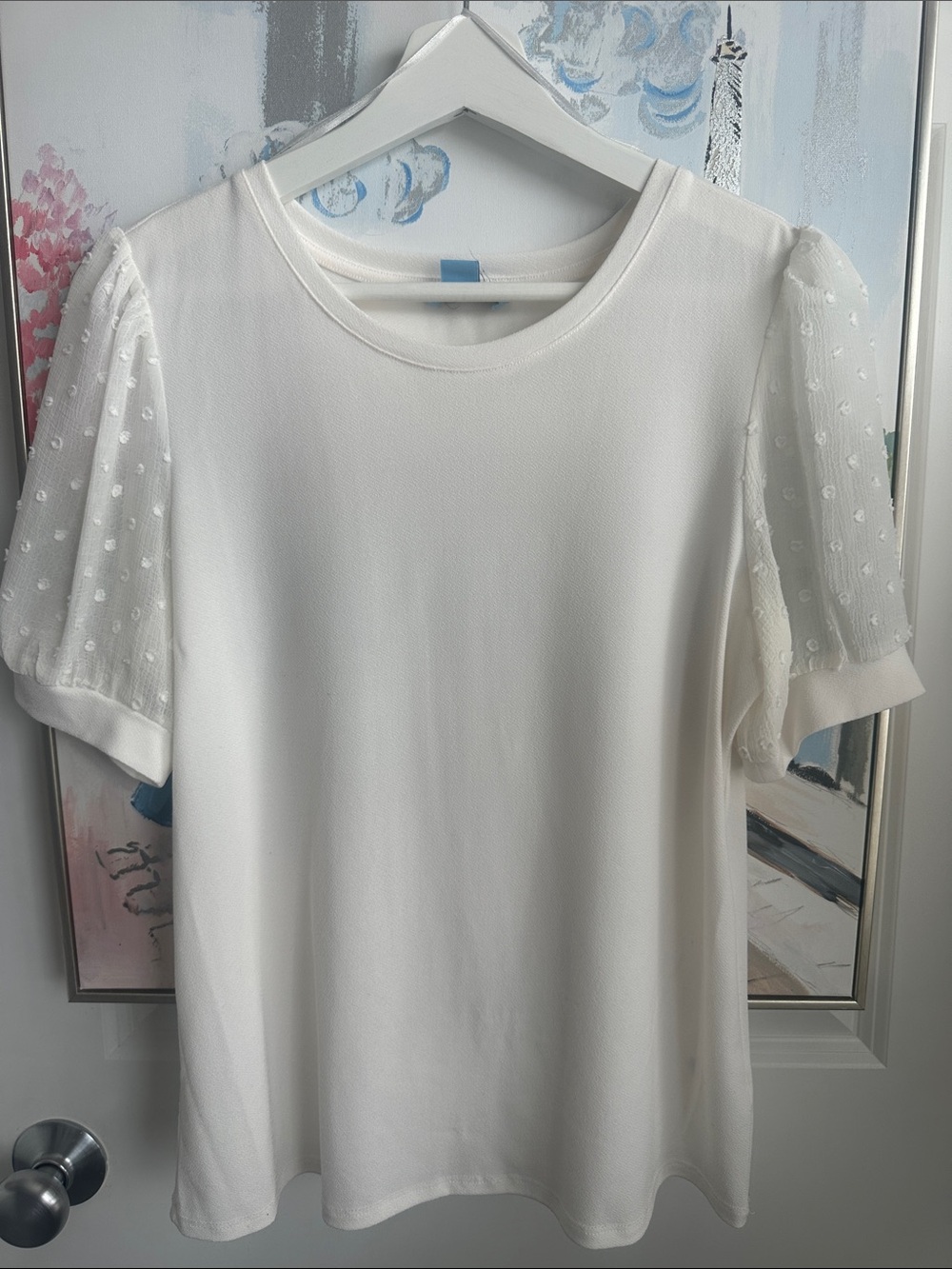 CeCe Cream Puff-Sleeve Dot Mesh Tee